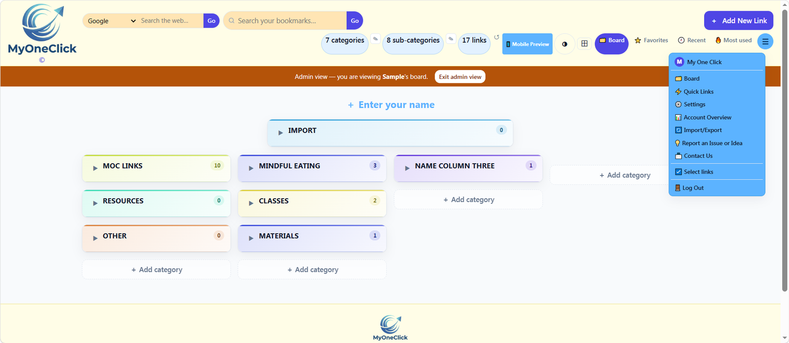 MyOneClick board — categories at a glance