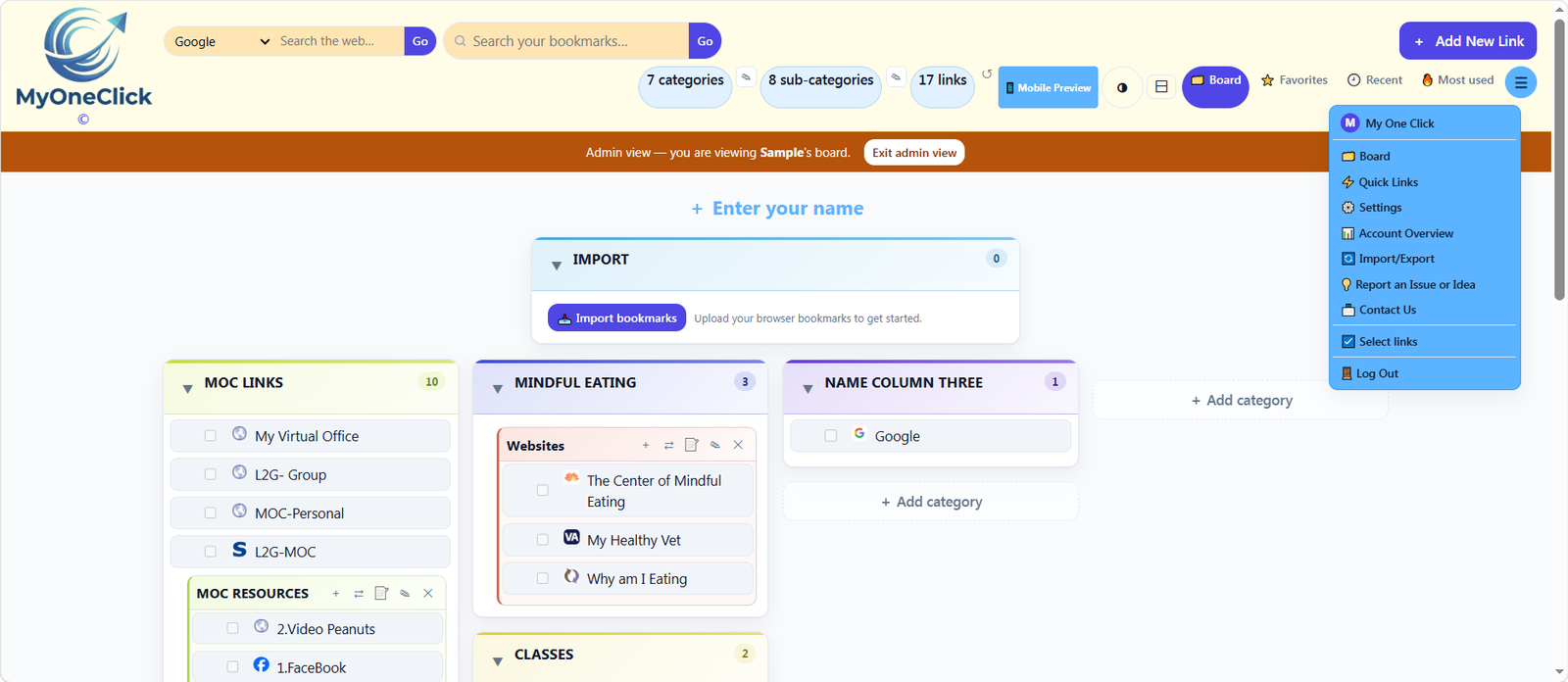 MyOneClick board — links expanded