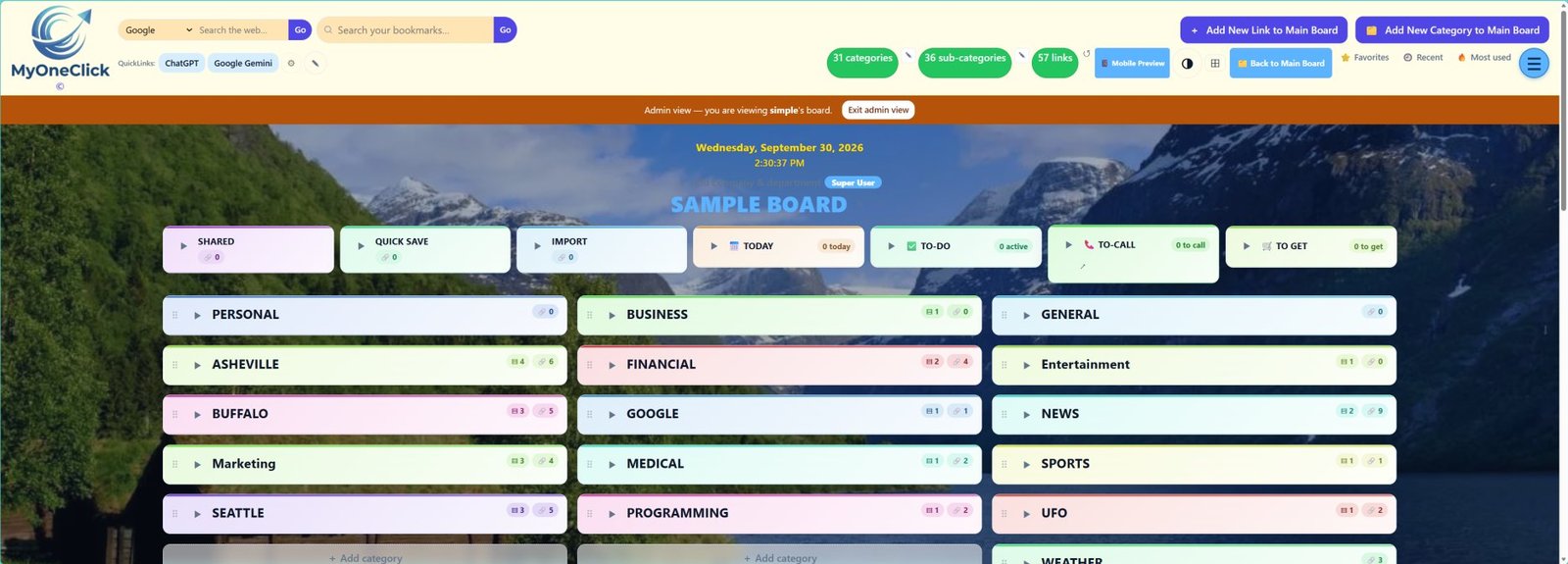 MyOneClick board — categories at a glance