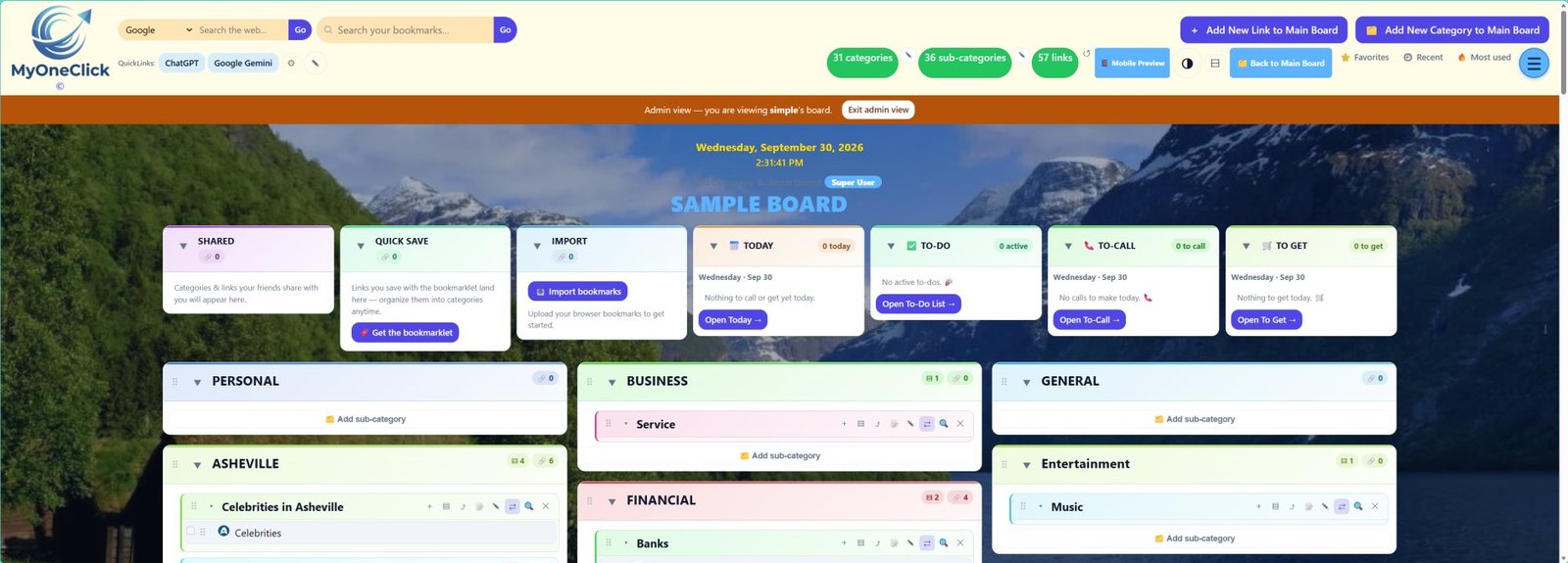 MyOneClick board — links expanded