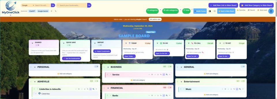MyOneClick board with categories opened to show sub-categories, links and the Today, To-Do, To-Call and To Get panels